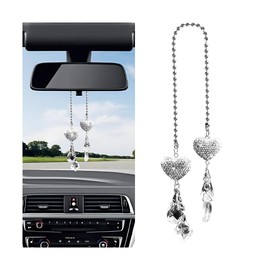 Mandark Bling Car Rearv View Mirror Charm, 2PCS Crystal Rhinestone Lucky Heart Vehicle Rearview Mirror Hanging Ornament Pendant, Diamond Automotive Decoration Accessories, Universal Fit (StyleB)
