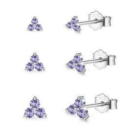 Silver Stud Earrings for Women, 3 Pairs 925 Sterling Silver Stud Earrings Set, Silver Flower Amethyst Cubic Zirconia Stud Earrings, Tiny Small Sleeper Cartilage Studs for Men Girls Kids, 3/4/5mm