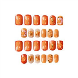 Flower Press on Nails Glossy Full Cover Acrylic Nails with Sun and Moon False Nails Designs Floral Short Square Shaped Fake Nails Orange Stick on Nails for Women DIY Manicuare 24 Pcs