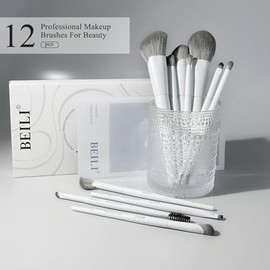 BEILI Set de Brochas de Maquillaje, Set de Brochas de Maquillaje Blancas, 12 Brochas Veganas para Base en Polvo, Corrector, Cejas, Sombras de Ojos, Contorno, Delineador de Ojos, Brocha para Difuminar(