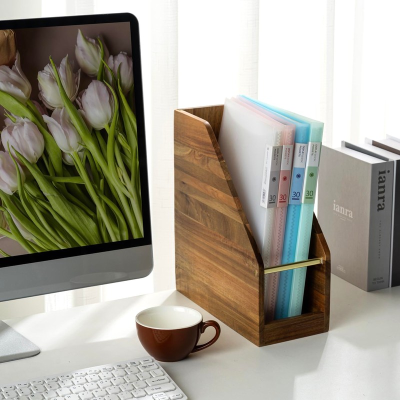 MyGift Premium Hotel Series Solid Acacia Wood Desktop Magazine File