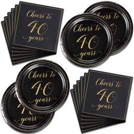 40Pcs Happy 40th Birthday Decorations for Men Women - 40th Anniversary Supplies Black Gold Plates and Napkins Set for 20 Guests – Elegant “Cheers to 40 Years” Tableware