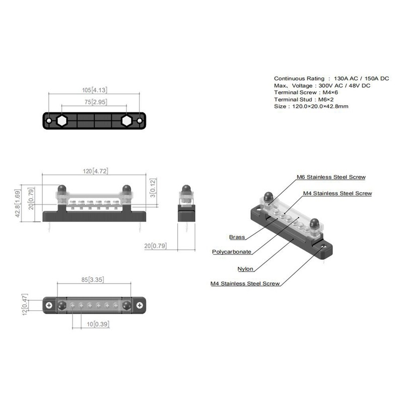 6 Terminal Single-row Bus Bar 150A BusBar Block with Cover,