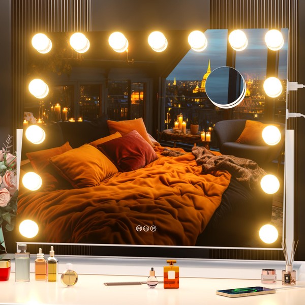 Hasipu Vanity Mirror with Lights, 22" x 18" Hollywood Makeup Mirror with 15 Dimmable Bulbs, 10X Magnification and USB Charging Port, Smart Touch 3 Colors Dimmable, 360° Rotation (Square)