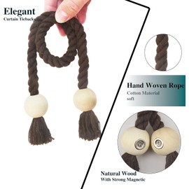 Nieffeiy 4 Pack Magnetic Curtain Tiebacks Cotton Hand Woven Tie Back Decorative Rope Holdbacks for Curtains Draperies No Tools Required, Coffee