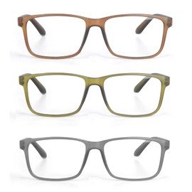 EYE ZOOM 3 Pack Plastic Frame Classic Rectangular Style Reading Glasses for Men and Women, Brown, Green and Grey +1.75