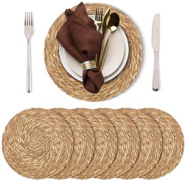 Kochorie Set of 6 Round Woven Placemats 12 Inches Bulrush Placemats Natural Hand-Woven Boho Rattan Placemats Wicker Table Mats Farmhouse Weave Place Mats for Home Dining Table