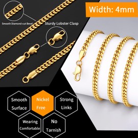 Momlovu 4mm Gold Chain for Men Women Boy,Diamond Cut Miami Men's Cuban Link Chain Necklace for Men -18K Gold Plated Chain Necklace Mens Chain Durable Stainless Steel Cuban Chain Jewelry Gift 22Inch