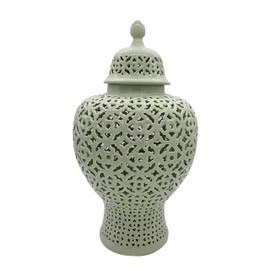 Galt International 23" Hand Carved Cutout Lattice Ginger Jar with Lid - Porcelain Home Decor with Intricate Mediterranean Inspired Filigree Lattice Work Decoration (Sage Green)