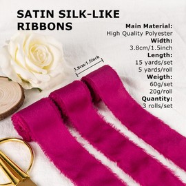 Sifleur Satin Silk Ribbon, Hot Pink Ribbon for Wrapping, 1-1/2 inch x 15 Yd Handmade Frayed Fringe Ribbons, for Valentine's Day, Wedding Engagement Anniversary Shower Bouquets Invitation, 3 Rolls
