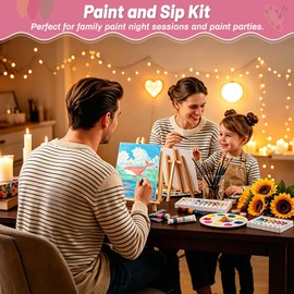 shynek 96 Pieces Paint and Sip Kit for Adults, Painting Set with Canvas, Easel, Acrylic Paints and Brushes for Family Paint Night Sessions and Painting Parties