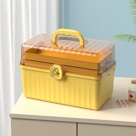 Braozaiw Medizin Aufbewahrungsbox, dreischichtiger Erste-Hilfe-Aufbewahrungskasten, tragbarer Medizin-Kasten, Haushaltsmedizin-Kasten, große Kapazität Medizin-Kasten, Büro und Reise (gelb)