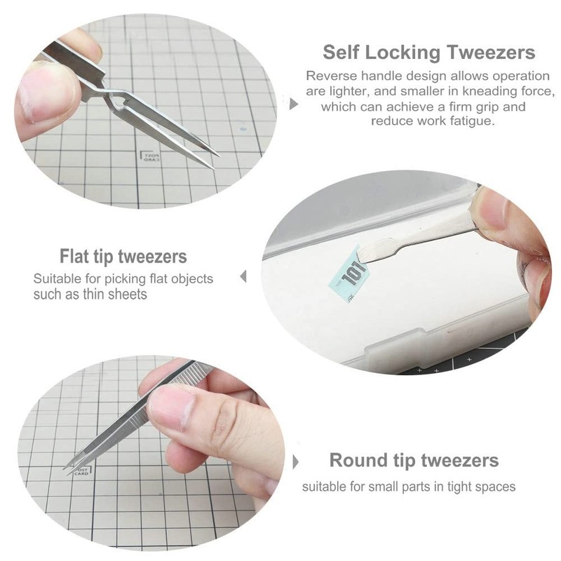 4-Piece Tweezers Set - Professional Stainless Steel Self Locking Hobby