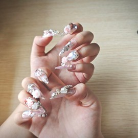 Press on Nails Handmade Nails 10Pcs Manual Press on Nails Purple Rose Nails Manicure Charms Nails Nails Press on Nails for Women Party Holiday Photo Wedding 30mm Long Size S