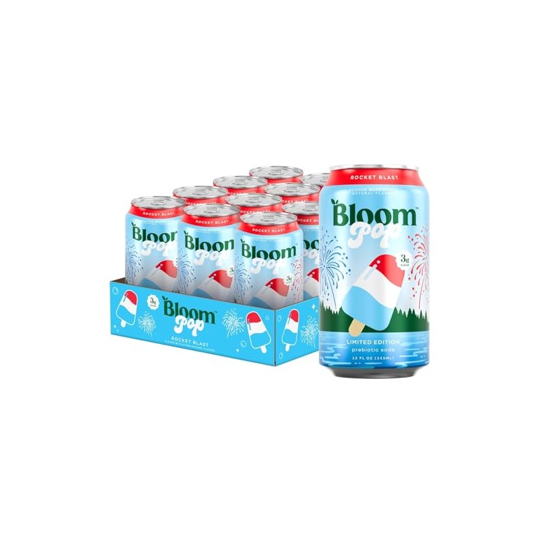 Bloom Pop Prebiotic Soda 12 Pack, Rocket Blast, 12oz Cans