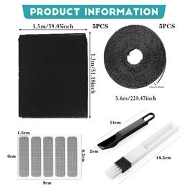 5 PCS Mosquito Net for Windows,130*150 cm DIY Window Screen Netting Mesh Curtain with 5 Rolls Self-Adhesive Hook Tapes & 1 Brush 1 Repair Patches, Reusable Mesh for Summer Window Air Filtration(Black)