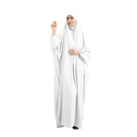 Women Muslim Dress Prayer Abaya Islamic Robe Maxi African Kaftan Islam Dubai Turkey Full Length Dress with Hijab White