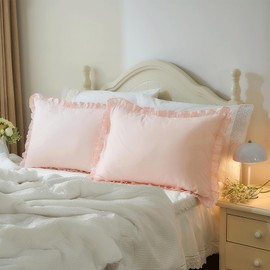 Ranznaz Pink Ruffle Pillowcases Set of 2, 100% Cotton King Size Farmhouse Pillow Covers with Envelope Closure, Elegant Vintage Euro Pillow Shams for Bedding, 20 x 36 inches