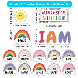 Rainbow Affirmation Station Bulletin Board Decoration Set Motivational Posters Classroom Mirror Growth Mindset Decor Positive Affirmations Accents Cutouts for School Office Home Teacher Wall Supply