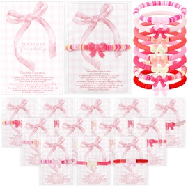 Zeyune 24 Set Pink Bow Friendship Bracelets Clay Bead Adjustable Bestie Friendship Bracelets Inspirational Cards Coquette Bow Gifts for Women BFF Friends