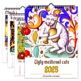 Ugly Medieval Cats Calendar 2025 Funny Calender Weird Medieval Cats Wall Monthly Planner 2025 Wall Calender January from December for Wall Art Gag Humor