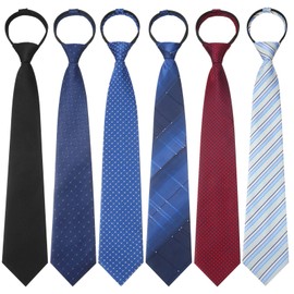Geyoga 6 Pcs Zipper Ties for Boys Pre Tied Necktie Silky Skinny Tie Long Striped Plaid Tie Novelty Necktie For Men Business Wedding (Stylish Color)
