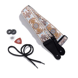 KLIQ Vintage Woven Guitar Strap for Acoustic and Electric Guitars + 2 Free Rubber Strap Locks, 2 Free Guitar Picks and 1 Free Lace | '60s Jacquard Weave Hootenanny Style | Classic Hippie White/Blue