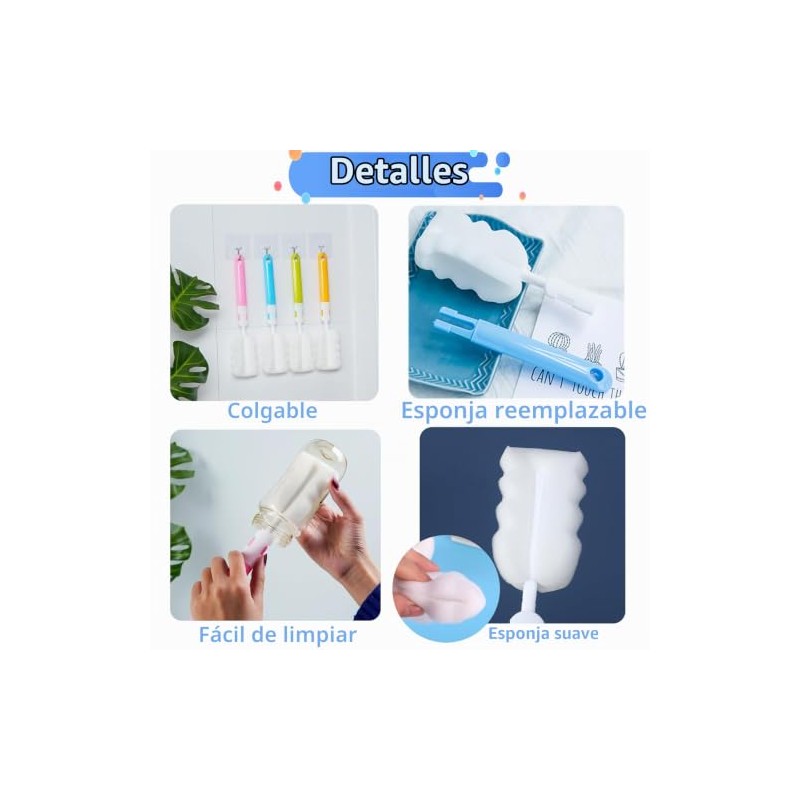 4 cepillos para biberones + 4 cepillos para tetinas, esponja,
