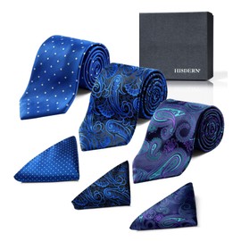 HISDERN Long Mens Ties XL Silk Tie and Pocket Square Set Collection Blue Paisley Neckties Handkerchief Formal Business Wedding Necktie Present Box 3 Pack