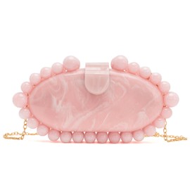 DUBELIE Clutch Bag for Women Oval Beads Evening Bag Acrylic Bag for Wedding Prom Party Crossbody Purse with Cahin Strap, Pink, Small