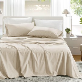 Comfort Spaces 100% Cotton Sheets Queen, Breathable & Ultra Soft Cotton Sheets, Naturally Cool Cotton Bed Sheets with 14" Elastic Pocket Fits up to 16" Mattress, All Seasons Sheet Set, Cream 4 Piece
