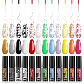 Kredioo Nail Art Gel Liner Gel Polish-12 Colors Soak Off UV/LED Black White Pink Glitter Gold Neon Painted Gel Set, Built Thin Pens Brush For Painted Swirl Nails Salon DIY French Manicure Kit