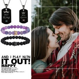 Cupimatch 4pcs His and Hers Couple Bracelet Necklace Set, CZ His Queen Her King Crown Dog Tag Pendant Necklace Matte Agate CZ Crown Queen 8mm Beads Bracelet