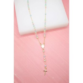 18K GOLD FILLED CATHOLIC GOLD MULTI COLOR BEAD ROSARY WITH CRUCIFIX AND...