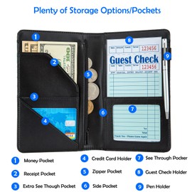 ANNAMISSI Server Books for Waitress,Cute Pocket Leather Money Organizer Wallet Note Pad Cash Bill Restaurant Guest Check Book Holder Pocket Presenter Fit Server Apron Waitress Book (Blue flower)