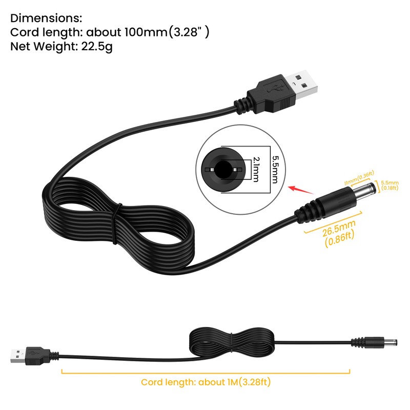 Vanjua USB to DC 5V Power Cord, Universal DC 5.5x2.1mm