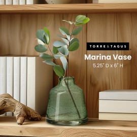 Torre & Tagus 6 Inch Tall Green Glass Vase with Gold Flakes, Mouth Blown Glass Vases Green Flower Vase Centerpieces, Watertight for Hydroponic Plants, Coastal Seagreen Gold Decor Accents (Marina)