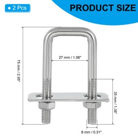 PATIKIL Square U-Bolts, M8x25x75mm Square Bend U-Bolt 304 Stainless Steel Pole U Bolt with Nut Plate Washer for Boat Trailer Camping Sailboat, Pack of 2