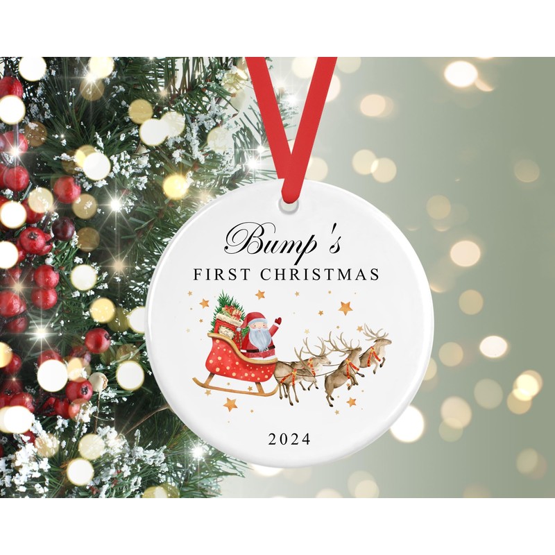 Bump's First Christmas Bauble | Santa Sleigh Reindeers Ceramic Decoration