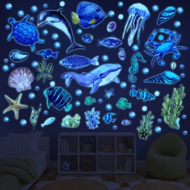 52 Pcs Ocean Fish Wall Decals Glow in The Dark Under The Sea Wall Decals Sea Animals Wall Stickers Removable Waterproof Peel and Stick for Kids Bathroom Watercolor Ocean Decor (Cute Style)