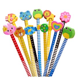 YIHUANYIFA 12Pcs Pencils Assorted Cartoon Stripe Colored Wooden Pencils for Supplies Prize Gift (animal fruits, 12)