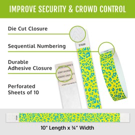 500 WristCo Neon Cheetah Tyvek Wristbands for Events – Security Cuts & Tamper-Proof Design to Prevent Reuse – Premium-Grade Bracelets for Hospital & Medical ID, Party & VIP Identification