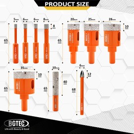 BGTEC Diamond Hole Saw Kit Marsonry Drill Bits, 10pcs 5/6/6/8/20/25/28/35mm with Hex Shank+6mm Carbide Drill+10mm Milling Finger Bit for Granite Marble Porcelain Tile Ceramic