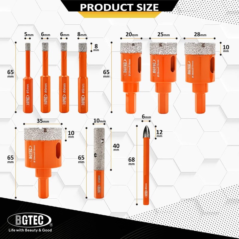 BGTEC Diamond Hole Saw Kit Marsonry Drill Bits, 10pcs 5/6/6/8/20/25/28/35mm