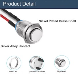 2pcs 19mm Super Short Metal Momentary Push Button Switch Waterproof Anti-Vandal Raised Head Silver Shell 3/4" Mounting Hole with Pre-soldered Cable 12V 24V 110V (ON)-Off 2Pins 1NO