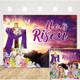 He is Risen Happy Easter Backdrop Decoration for Photography Resurrection Mountain Banner Spring Easter Party Photo Props Accessories (2.8x1.5m)