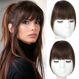Cesomeey Clip in Bangs 100% Real Human Hair, French Bangs Hair Clip, Hair Bangs Clip in Human Hair, Fake Bangs Fringe with Temples Hairpieces, Clip on Bangs for Women Daily (Dark Brown, French Bangs)
