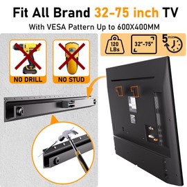 No Stud TV Wall Mount,No Drill TV Mount for 32-75 in,Drywall Studless TV Wall Mount with Clear Instructions,Low Profile TV Mount with Sturdy Design,Easy to Install for Bedroom,Living Room