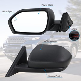 Lqito Left Driver Side Mirror Compatible With 2020 2021 2022 2023 2024 2025 Ford Explorer With Manual Folding Power Glass Blind Spot Black Replace#LB5Z17683AA(5Pins)