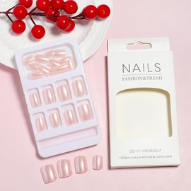 24 Pcs Press on Nails Short Square, Full Cover Glossy Nude Pink Fake Nails Square Shaped Acrylic Nails Reusable Design False Nails Artificial on Nails for Women and Girls 24Pcs